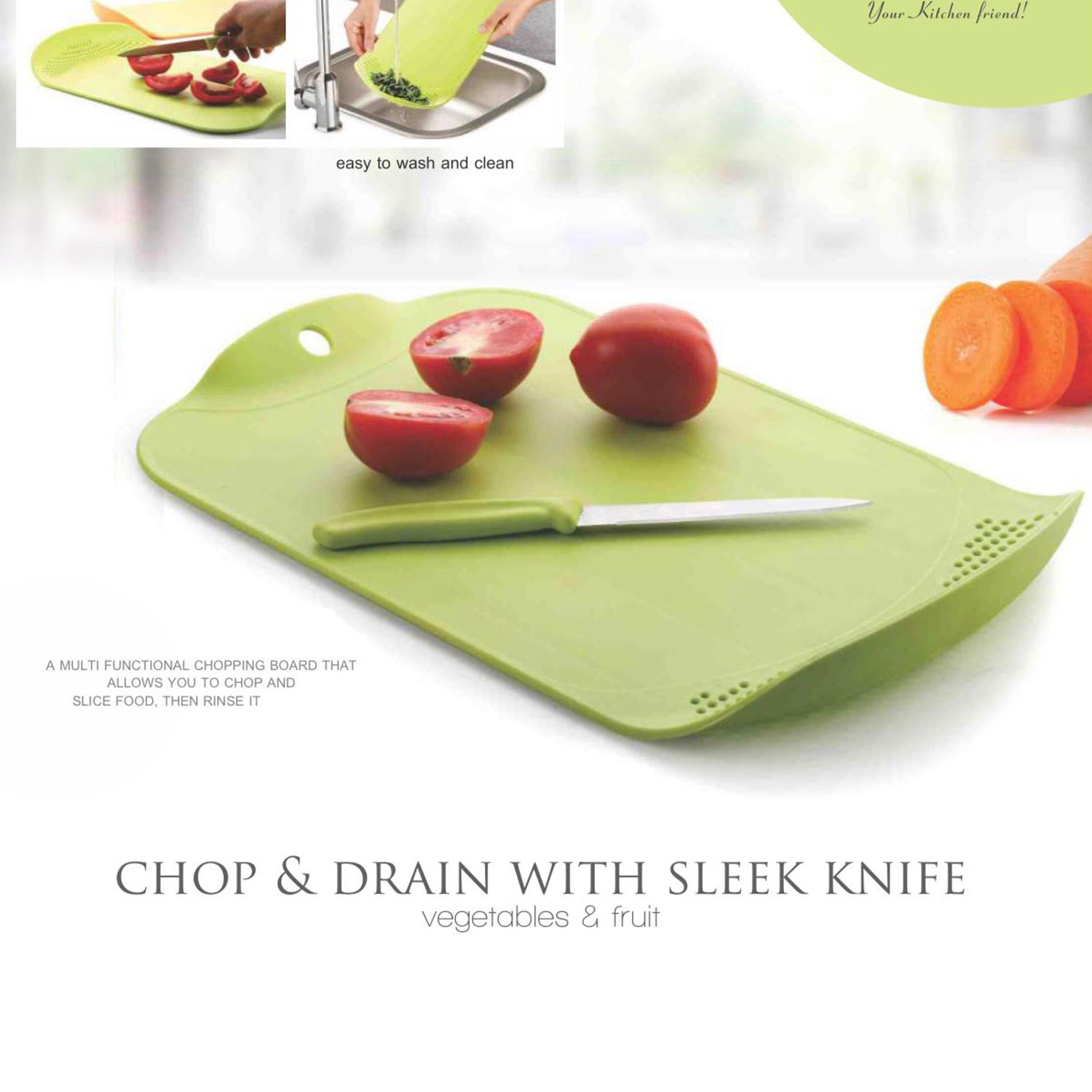 Chop Drain Vegetables Fruits Chopping Board Sleek Knife