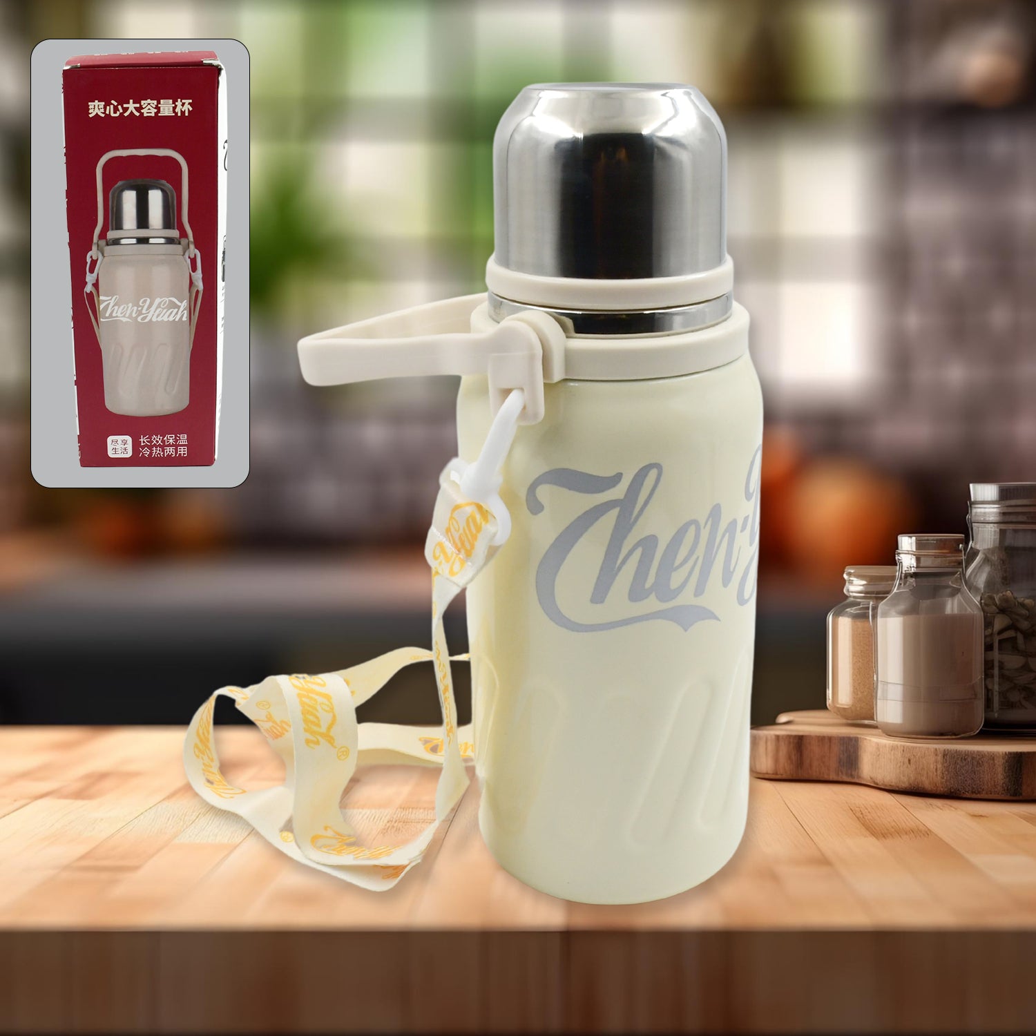 Stainless Steel Vacuum Insulated Water Bottle Leak Proof Flask For Tea Coffee Reusable Water Bottle With Hanging Strap Bottle For Hot Cold Drinks Wide Mouth Water Flask (900 Ml)