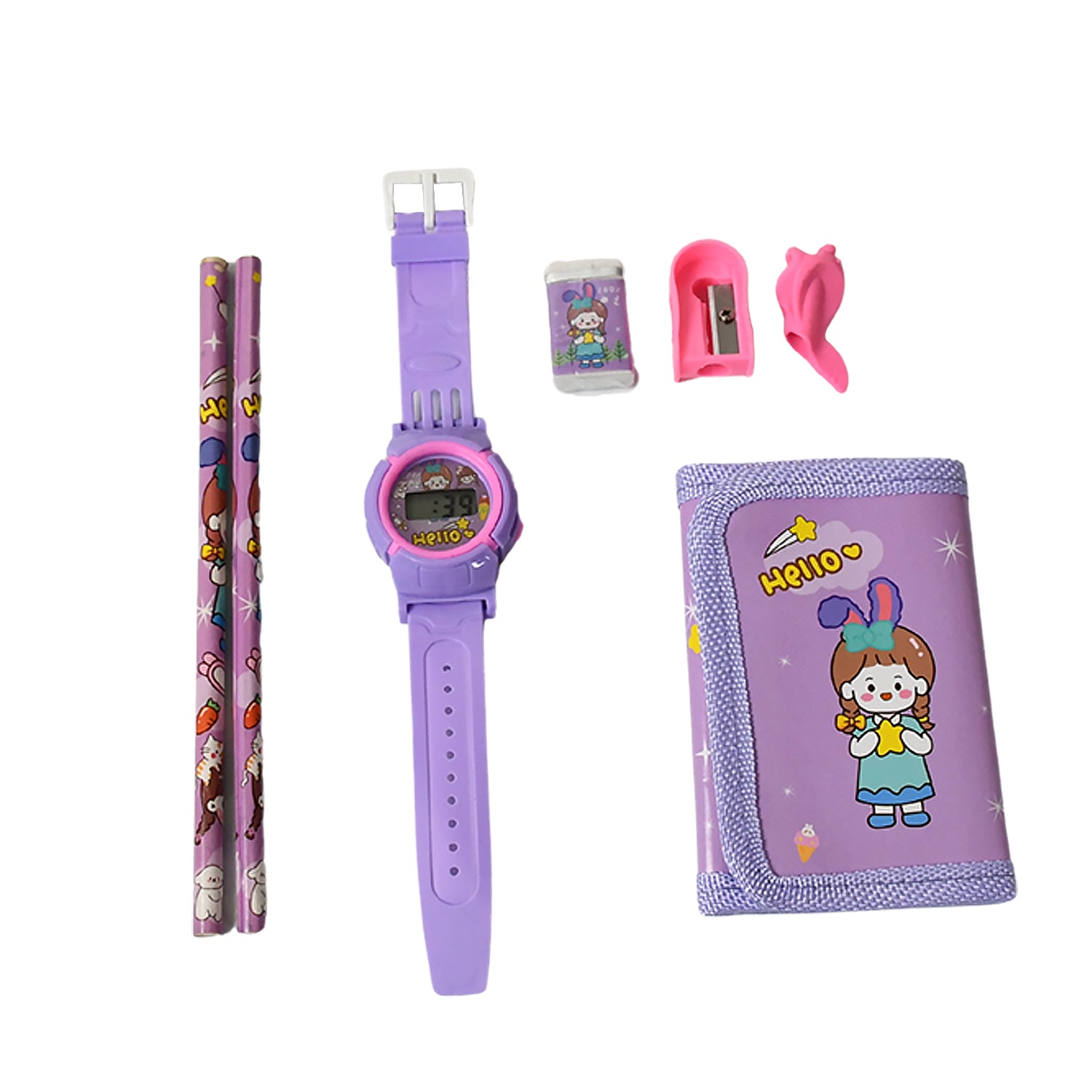 Stationery Set For Girls And Boys  Kids Return Gift - 7 In 1 School Items For Kids-pencils Eraser Sharpener Pouch Pencil Extender  Birthday Gift Idea Stationary Kit Set For School Kids (Pack Of 7 Pcs Set)