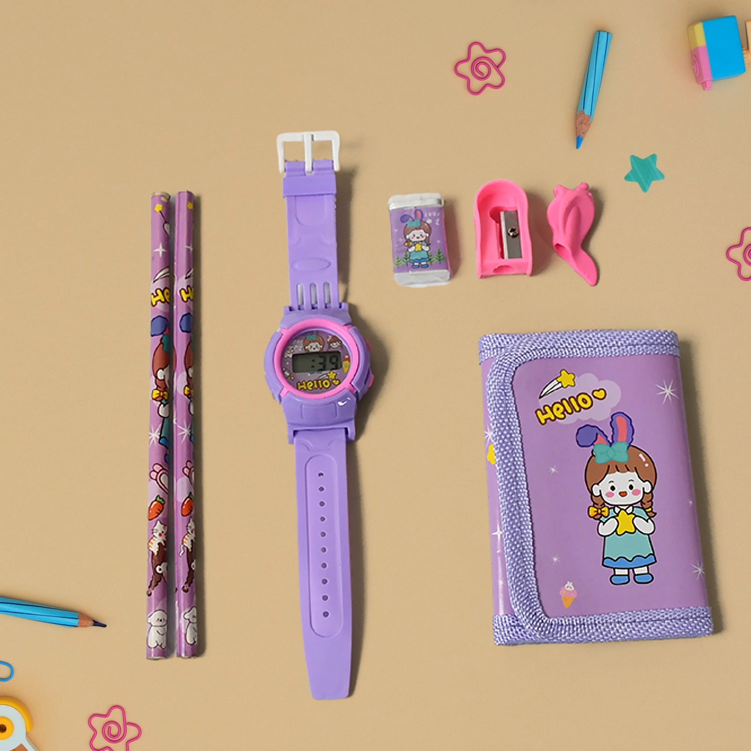 Stationery Set For Girls And Boys  Kids Return Gift - 7 In 1 School Items For Kids-pencils Eraser Sharpener Pouch Pencil Extender  Birthday Gift Idea Stationary Kit Set For School Kids (Pack Of 7 Pcs Set)